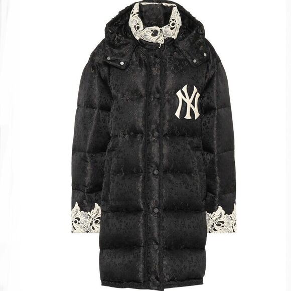 Gucci Jackets & Blazers - GUCCI NWT Women's NY Yankees Jacquard Lace Trim Long Puffer Coat Black Size L